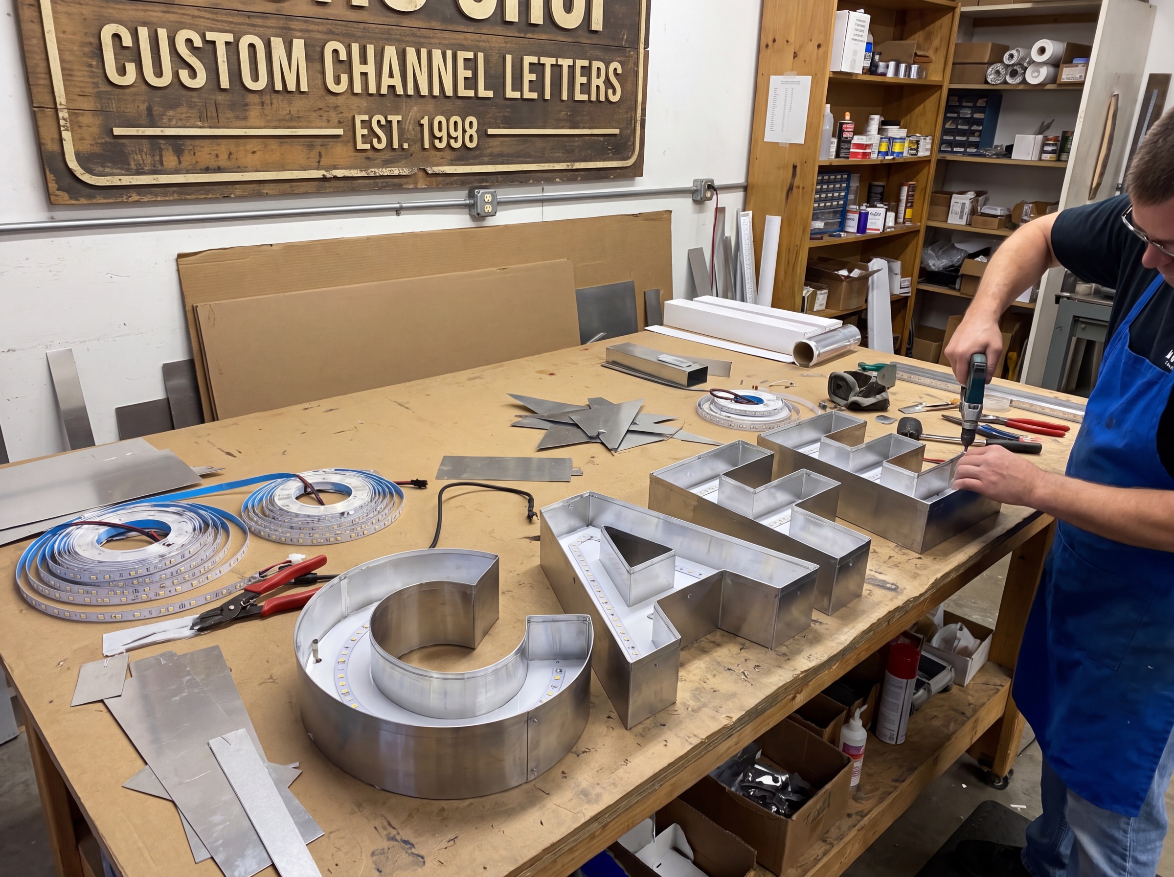 Sign shop team fabricating channel letters