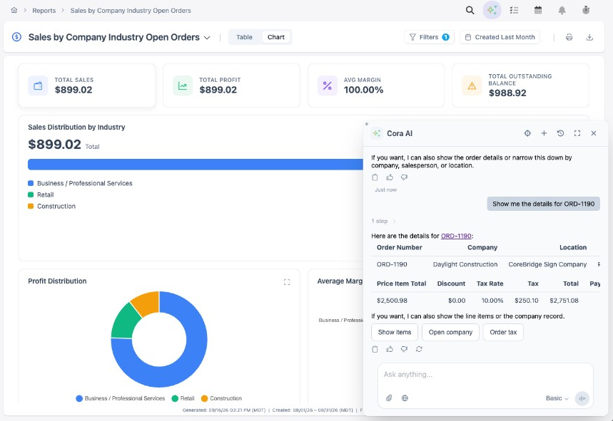 Cora AI answering a question about an order inside a CoreBridge report